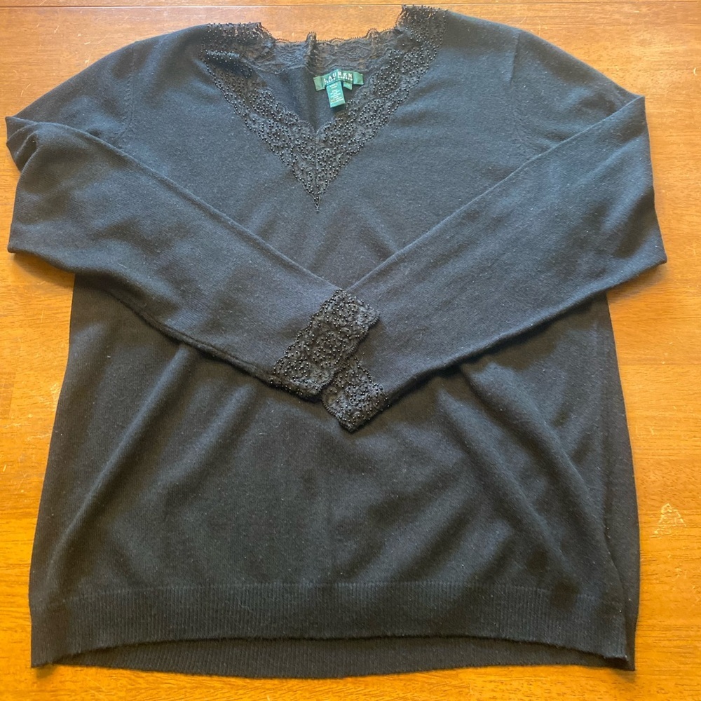 Lauren Ralph Lauren Black V-Neck Lace Trim Beaded Silk/Cashmere Sweater